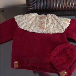 Cozy Knit Sweater and Hat Set - Maroon and Cream